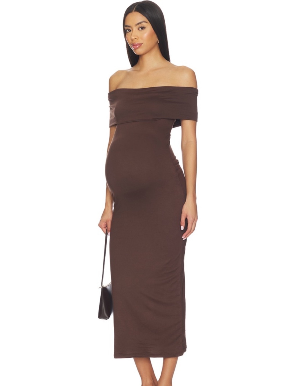 Off-Shoulder Maxi Maternity Dress in Brown